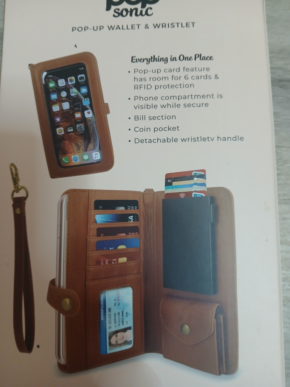 PopSonic Brown Wallet Phone Case with Wristlet – RFID Card Holder